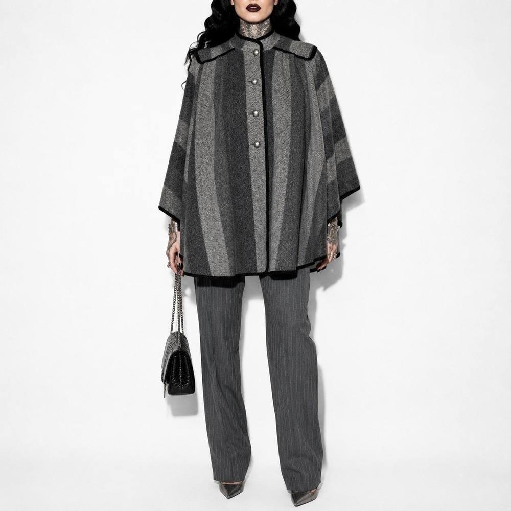 70s Vintage Striped Wool Cape Womens L Grey Mock Neck Black Trim Military Alorna